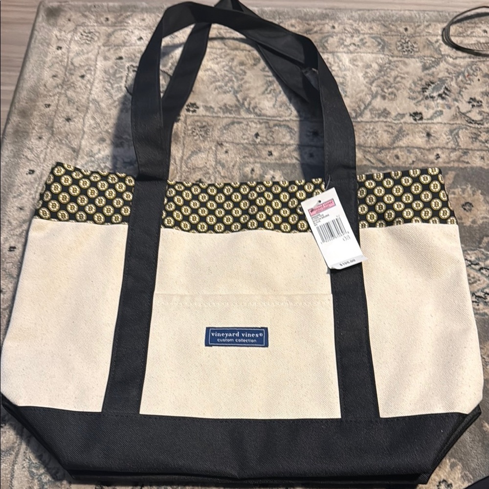 Vineyard Vines Black and Cream bruins Tote Bag